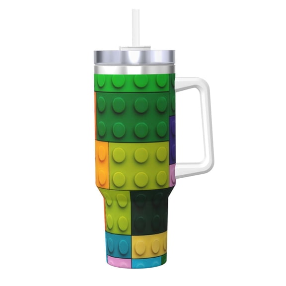 Logiee Colorful Building Blocks Print 40OZ Ice Bully Cup with Handle and Straw, Double Wall Stainless Steel Tumbler,Travel Coffee Cup with Lid, Summer Insulation and Cooling Cup