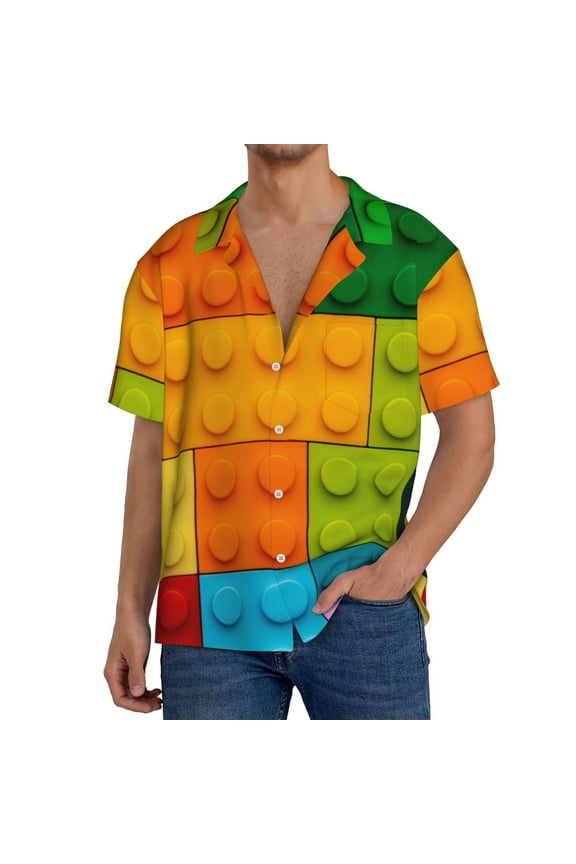 Colorful Building Blocks Print Men's Button Down Shirts Short Sleeve, Summer Beach Shirts,Vacation Wedding Shirts,Men's Casual Button-Down Shirts with Pocket-X-Large