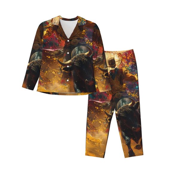 Logiee Colorful Bull Western Man Print Womens Pajamas Set,Long Sleeve Sleepwear,Button Down Lounge Set 2 Pieces,Soft Nightwear Pjs Set-Medium