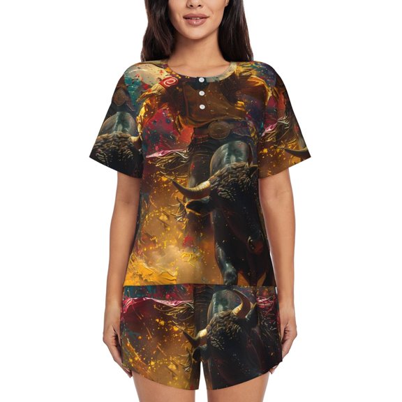Logiee Colorful Bull Western Man Print Womens Pajamas Set,Short-Sleeve Pajama 2 Piece Sleepwear with Pockets-Medium