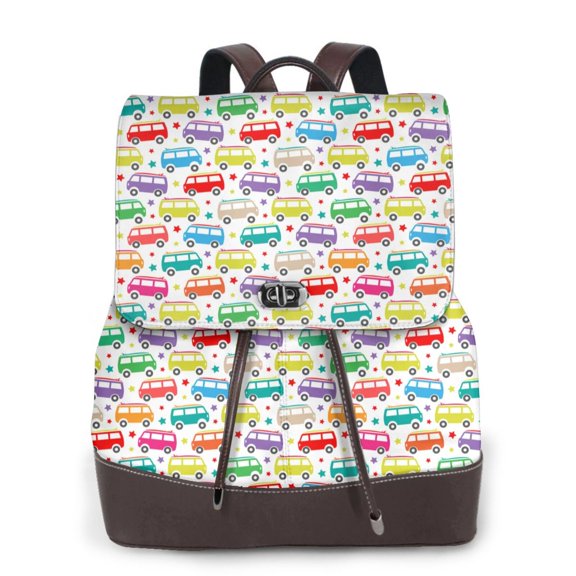Gaeub Colorful Bus Print Women's Leather Backpack,Travel Laptop Backpack,Fashion Ladies Leather Backpack Bag for Travel,Leather Drawstring Daypack for Me
