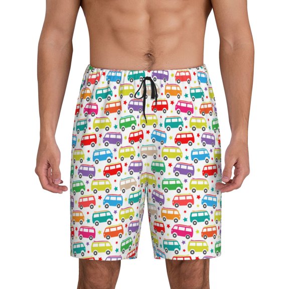 Logiee Colorful Bus Print Men's Pajama Shorts with Drawstring & Pockets,Sleep Shorts for Men,Sleepwear Bottoms,Elastic Waistband Loungewear-XX-Large