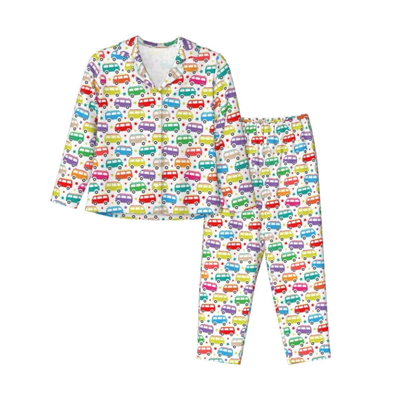 Logiee Colorful Bus Print Womens Pajamas Set,Long Sleeve Sleepwear,Button Down Lounge Set 2 Pieces,Soft Nightwear Pjs Set-Large