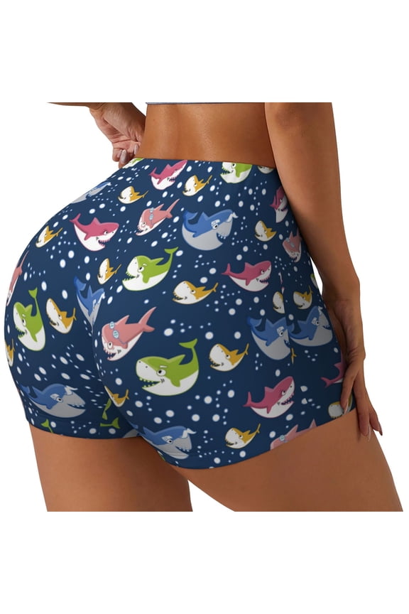Colorful Cartoon Shark Print Women's Biker Shorts,Workout Gym Shorts,Scrunch Shorts,Tummy Control Hidden Scrunch Running Yoga Shorts-Medium