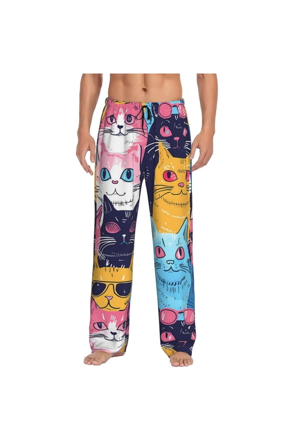 Colorful Cats Pattern Art Print Pajama Pants for Men,Men’s Pajama Bottoms,Mens PJ Pants with Pockets & Button Fly-3X-Large