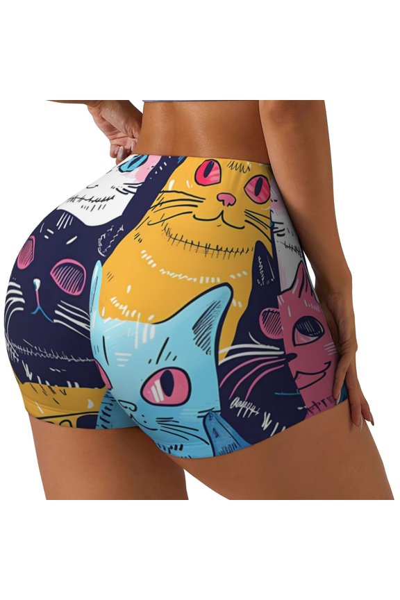 Colorful Cats Pattern Art Print Women's Biker Shorts,Workout Gym Shorts,Scrunch Shorts,Tummy Control Hidden Scrunch Running Yoga Shorts-Large