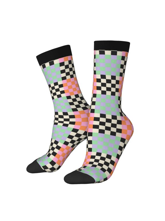 Colorful Checkered Print Adult Socks for Men & Women,Calf Socks, Ankle Socks,Boots Socks,Breathable Casual Sock,Unisex Crew Socks