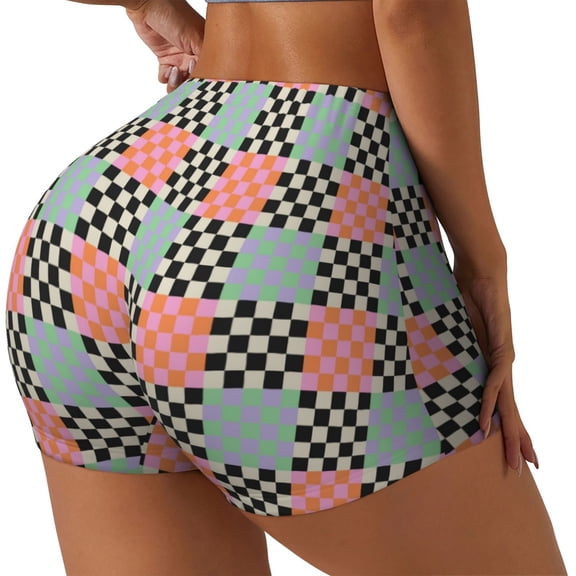 Logiee Colorful Checkered Print Women's Biker Shorts,Workout Gym Shorts,Scrunch Shorts,Tummy Control Hidden Scrunch Running Yoga Shorts-Large