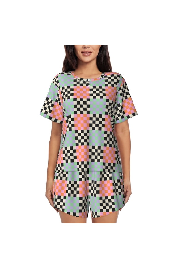 Colorful Checkered Print Womens Pajamas Set,Short-Sleeve Pajama 2 Piece Sleepwear with Pockets-Large