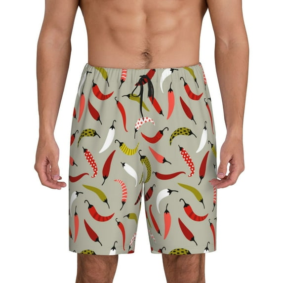 Logiee Colorful Chili Print Men's Pajama Shorts with Drawstring & Pockets,Sleep Shorts for Men,Sleepwear Bottoms,Elastic Waistband Loungewear-Small