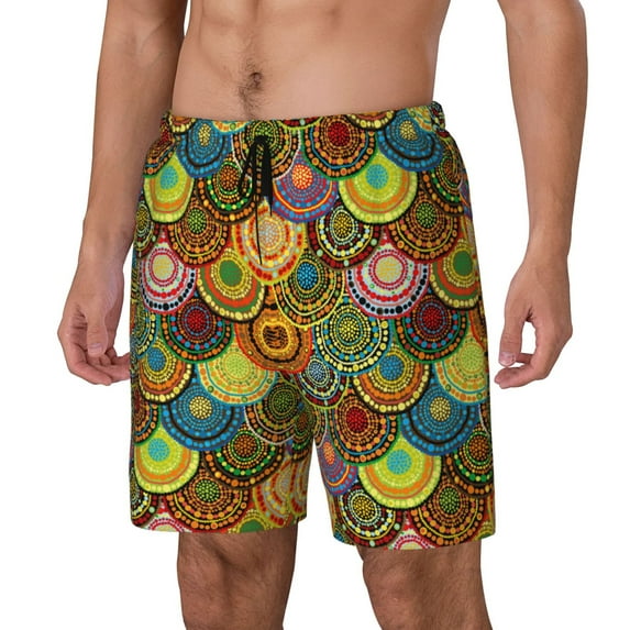 Logiee Colorful Circle Print Men's Swim Trunk,Quick Dry Board Shorts ,Men's Swim Trunks with Compression Liner, Bathing Suits with Pockets-X-Large