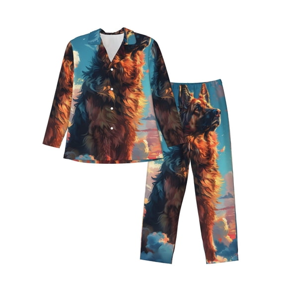Logiee Colorful Cloud Shepherd Dog Print Mens Long Sleeve Pajama Set,Notched Collar Pajamas for Men, Men's Sleepwear,Mens Sleepwear with Pockets & Button Down-Medium