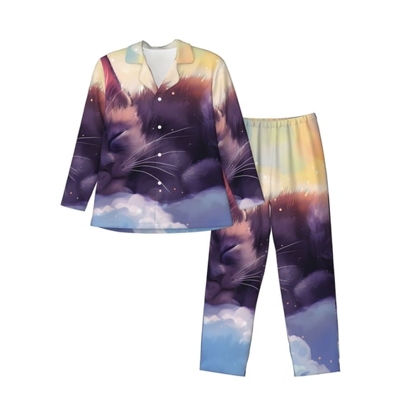 Logiee Colorful Cloud Sleeping Cat Print Mens Long Sleeve Pajama Set,Notched Collar Pajamas for Men, Men's Sleepwear,Mens Sleepwear with Pockets & Button Down-Large