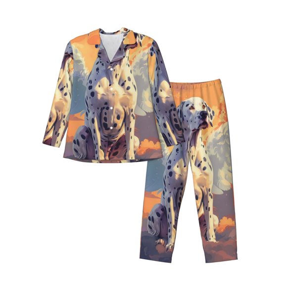 Logiee Colorful Cloud Spotted Dog Print Mens Long Sleeve Pajama Set,Notched Collar Pajamas for Men, Men's Sleepwear,Mens Sleepwear with Pockets & Button Down-Medium