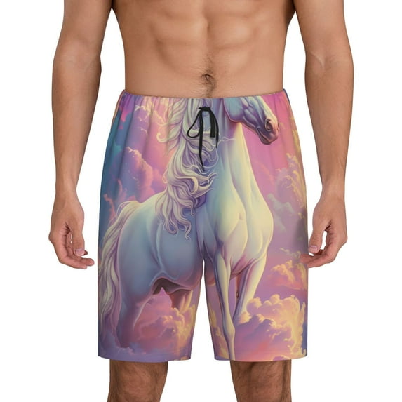 Logiee Colorful Cloud White Horse Print Men's Pajama Shorts with Drawstring & Pockets,Sleep Shorts for Men,Sleepwear Bottoms,Elastic Waistband Loungewear-3X-Large