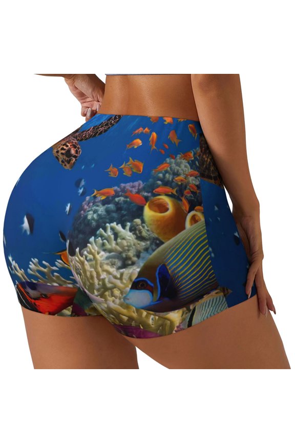 Colorful Coral Reef Print Women's Biker Shorts,Workout Gym Shorts,Scrunch Shorts,Tummy Control Hidden Scrunch Running Yoga Shorts-