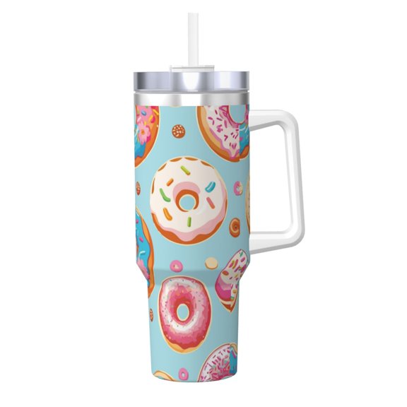 Logiee Colorful Donut Print 40OZ Ice Bully Cup with Handle and Straw, Double Wall Stainless Steel Tumbler,Travel Coffee Cup with Lid, Summer Insulation and Cooling Cup