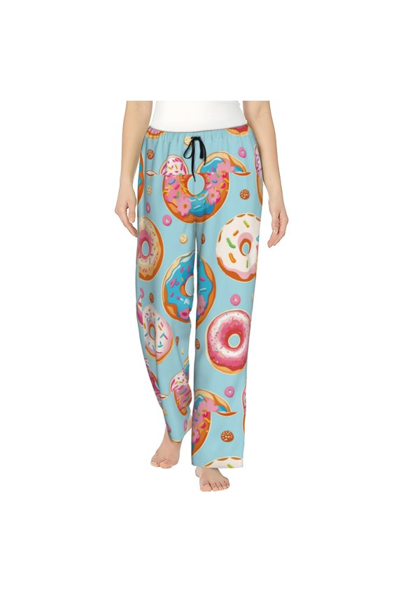 Colorful Donut Print Women Pajama Pants,Comfy Pj Bottom with Pockets & Drawstring,Stretch Casual Sleepwear-Large