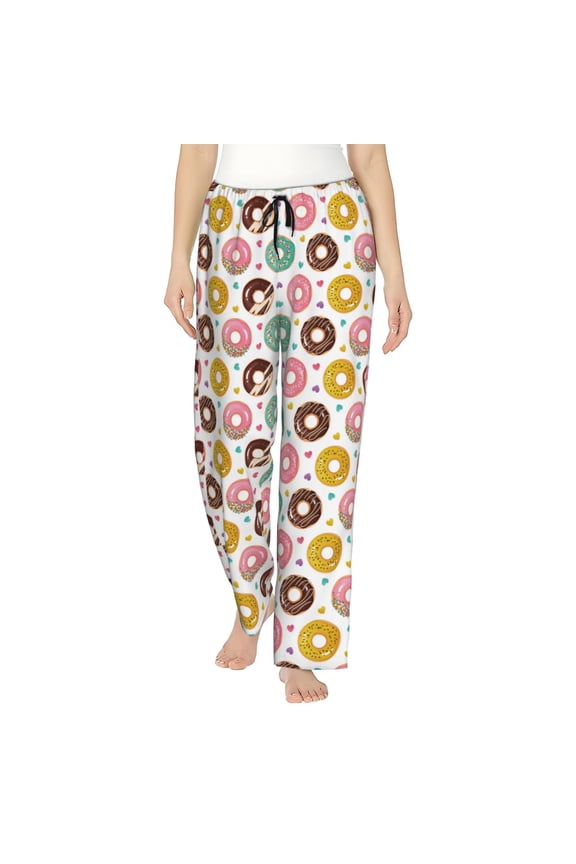 Colorful Donuts Print Women Pajama Pants,Comfy Pj Bottom with Pockets & Drawstring,Stretch Casual Sleepwear-Large