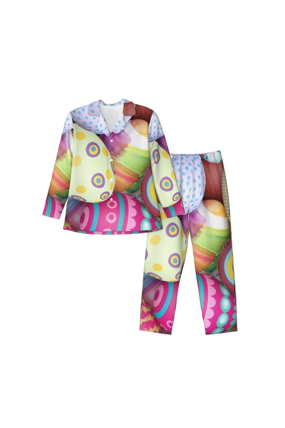 Colorful Easter Eggs Print Mens Long Sleeve Pajama Set,Notched Collar Pajamas for Men, Men's Sleepwear,Mens Sleepwear with Pockets & Button Down-XX-Large