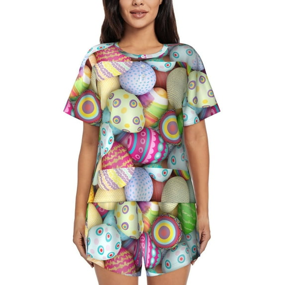 Logiee Colorful Easter Eggs Print Womens Pajamas Set,Short-Sleeve Pajama 2 Piece Sleepwear with Pockets-X-Large