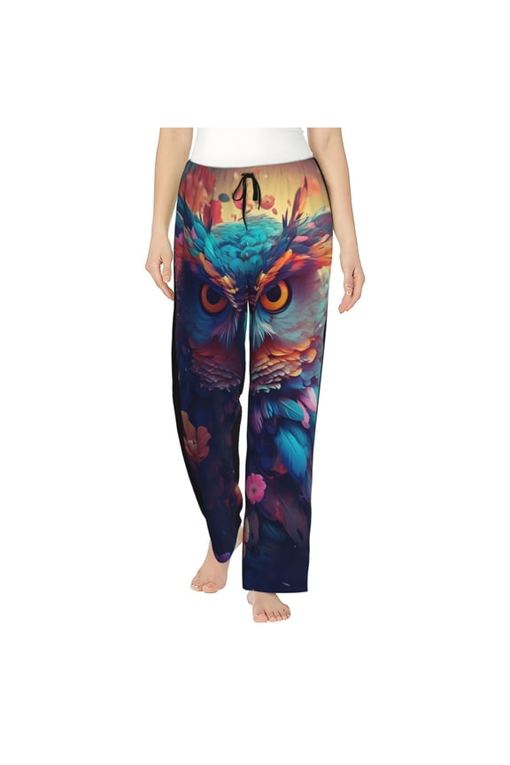 Colorful Feather Owl Print Women Pajama Pants,Comfy Pj Bottom with Pockets & Drawstring,Stretch Casual Sleepwear-Medium