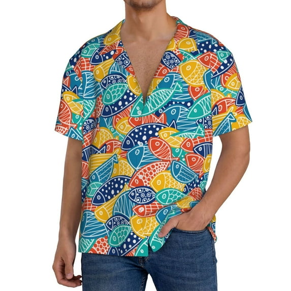 Logiee Colorful Fish 1 Print Men's Button Down Shirts Short Sleeve, Summer Beach Shirts,Vacation Wedding Shirts,Men's Casual Button-Down Shirts with Pocket-Small
