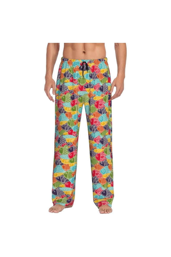 Colorful Fish 2 Print Pajama Pants for Men,Men’s Pajama Bottoms,Mens PJ Pants with Pockets & Button Fly-Large