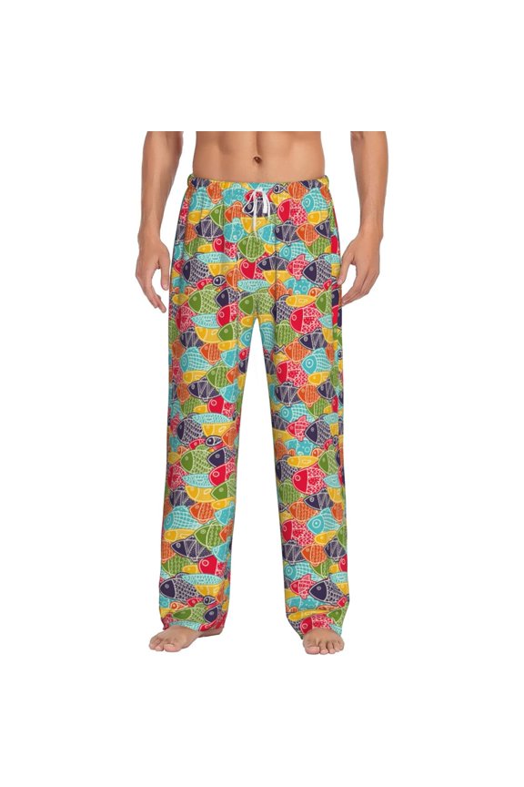 Colorful Fish 2 Print Pajama Pants for Men,Men’s Pajama Bottoms,Mens PJ Pants with Pockets & Button Fly-Medium