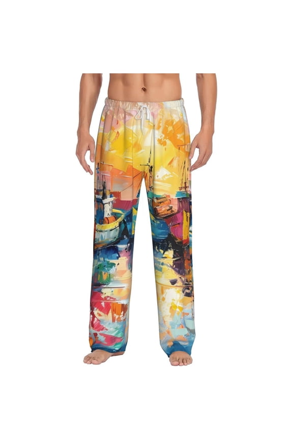 Colorful Fishing Boats Print Pajama Pants for Men,Men’s Pajama Bottoms,Mens PJ Pants with Pockets & Button Fly-XX-Large