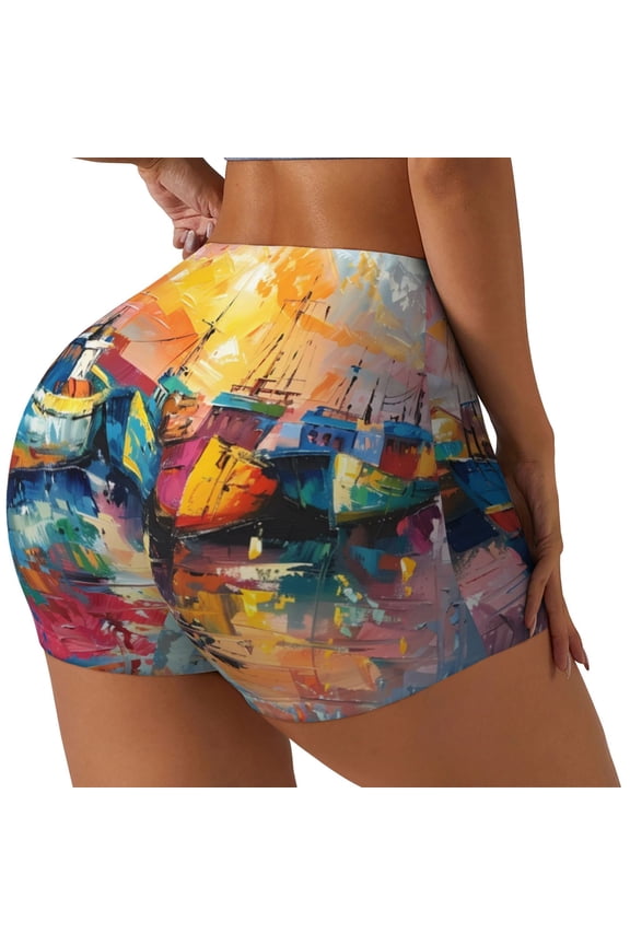 Colorful Fishing Boats Print Women's Biker Shorts,Workout Gym Shorts,Scrunch Shorts,Tummy Control Hidden Scrunch Running Yoga Shorts-Large