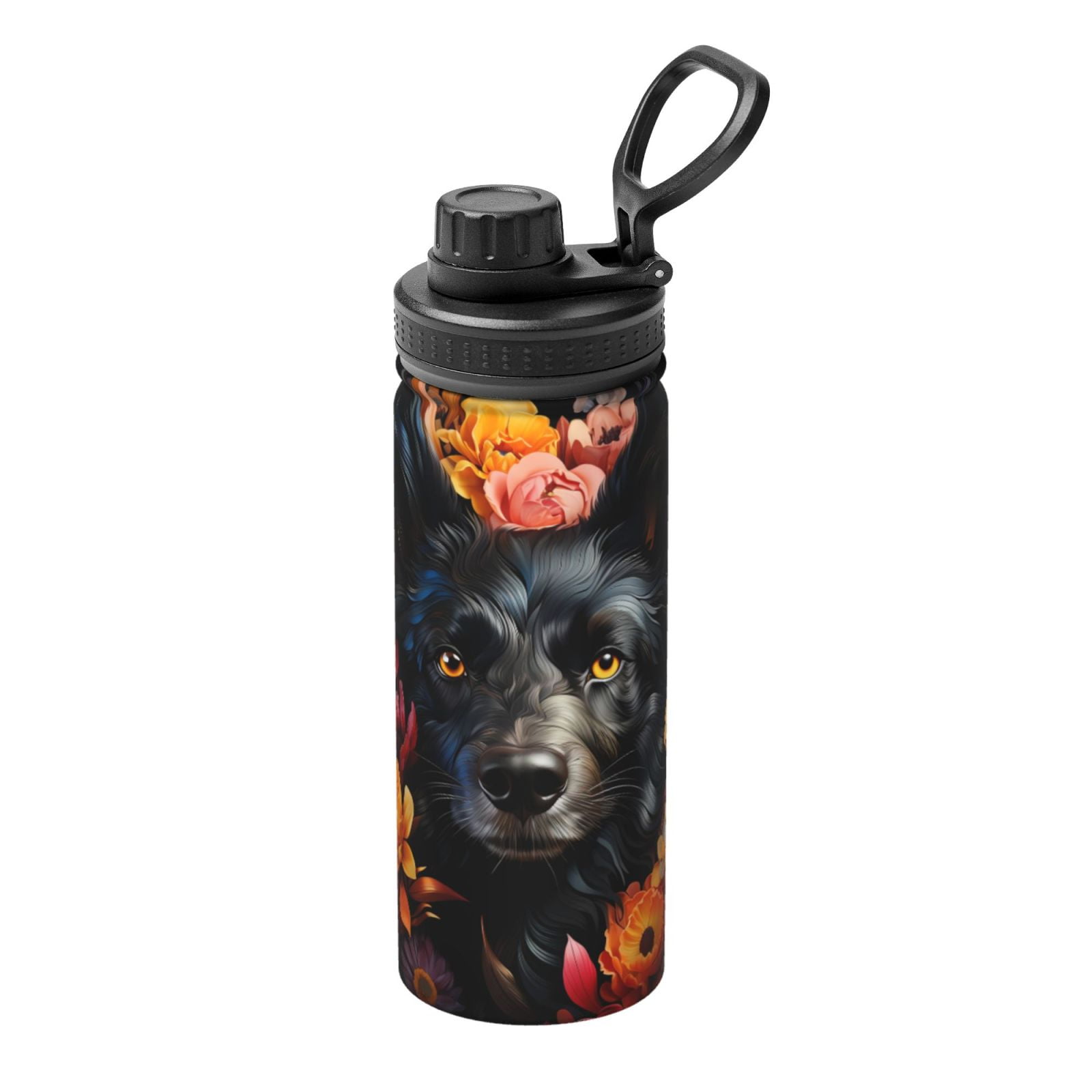 Logiee Colorful Floral Black Dog Print Water Bottle,18oz Sports ...