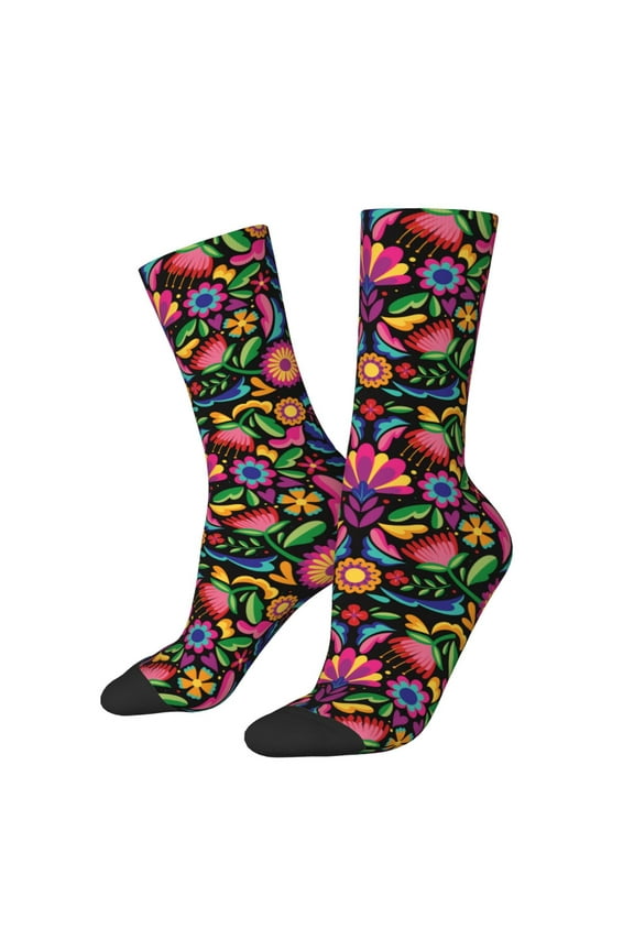 Colorful Floral Embroidery Mexican Print Adult Socks for Men & Women,Calf Socks, Ankle Socks,Boots Socks,Breathable Casual Sock,Unisex Crew Socks
