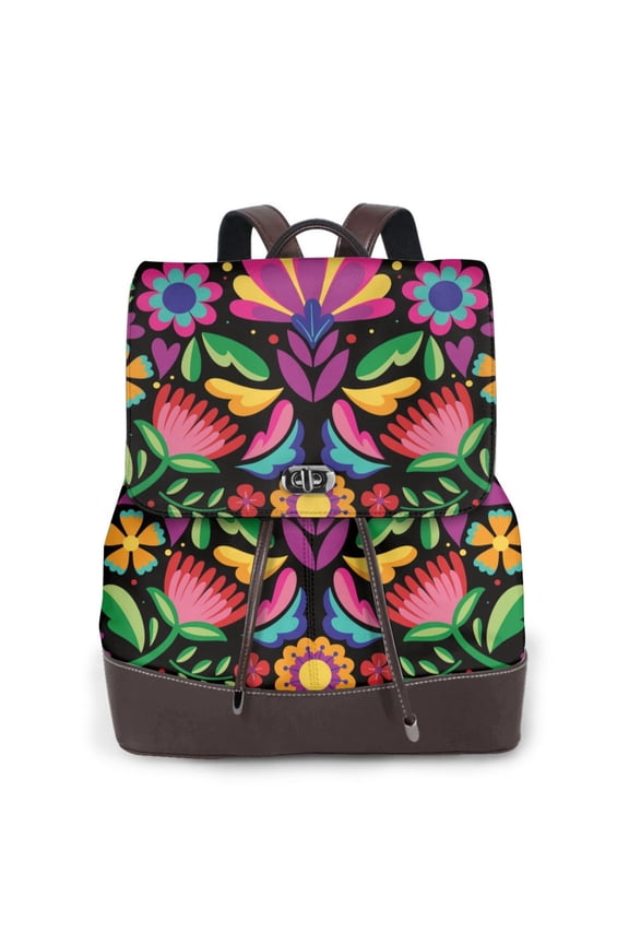 Logiee Colorful Floral Embroidery Mexican Print Backpack Purse for Women,Fashion Leather Backpack Purse,Women's Leather Backpack for Work College Travel