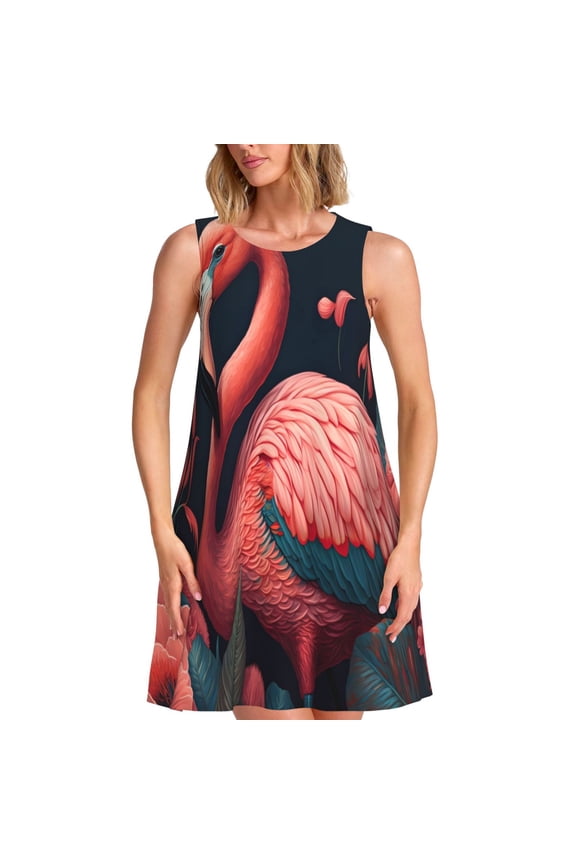Colorful Floral Flamingo Print Summer Dresses for Women,Beach Sleeveless Flowy Pocket Tshirt Tank Sundresses,Women's Sleeveless Dress