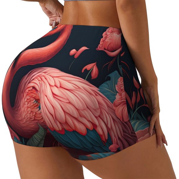 Logiee Colorful Floral Flamingo Print Women's Biker Shorts,Workout Gym Shorts,Scrunch Shorts,Tummy Control Hidden Scrunch Running Yoga Shorts-Medium