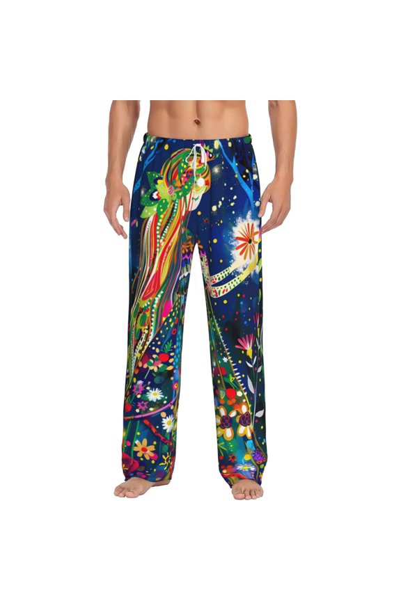 Colorful Floral Forest Fairy Print Pajama Pants for Men,Men’s Pajama Bottoms,Mens PJ Pants with Pockets & Button Fly-3X-Large
