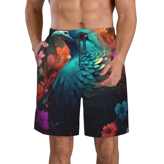 Logiee Colorful Flower Bird Print Mens Swim Trunks Quick Dry Board Shorts,Breathable Hawaii Beach Shorts Swimwear Bathing Suits-3X-Large