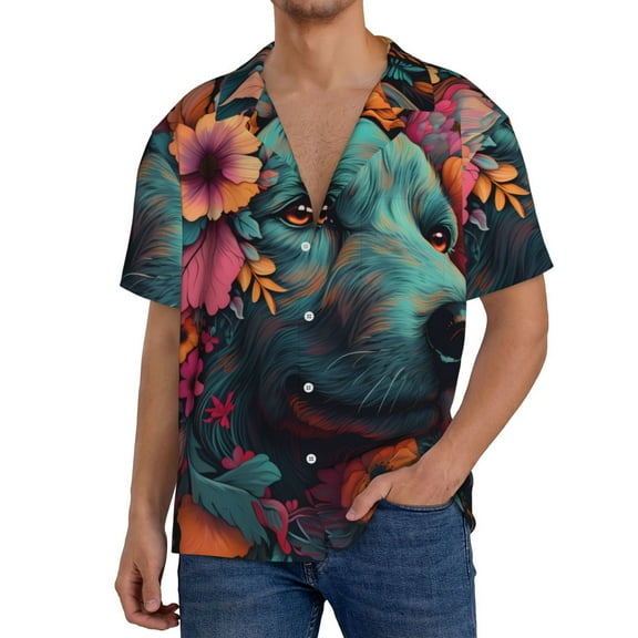 Logiee Colorful Flower Dog A Print Men's Button Down Shirts Short Sleeve, Summer Beach Shirts,Vacation Wedding Shirts,Men's Casual Button-Down Shirts with Pocket-Small