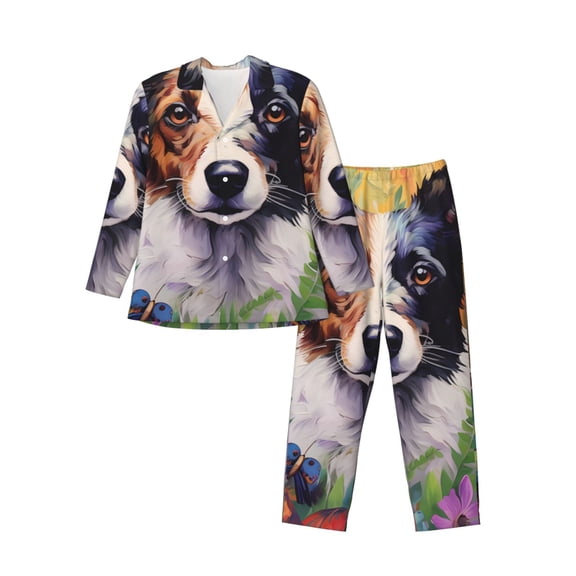 Logiee Colorful Flower Dog Print Mens Long Sleeve Pajama Set,Notched Collar Pajamas for Men, Men's Sleepwear,Mens Sleepwear with Pockets & Button Down-Large