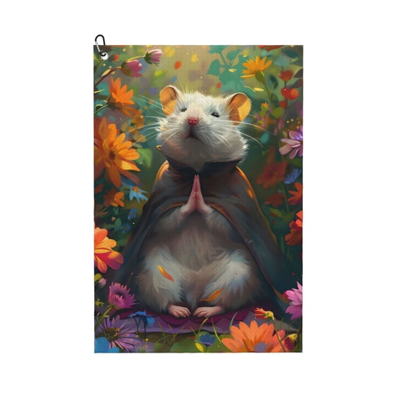 Logiee Colorful Flower Meditating Hamster Print Golf Towels,16" x 24" Portable Golf Towel for Golf Bag with Carabiner Clip to Quickly Remove Sand,Mud and Sweat