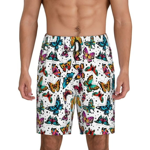 Logiee Colorful Flying Butterflies Print Men's Pajama Shorts with Drawstring & Pockets,Sleep Shorts for Men,Sleepwear Bottoms,Elastic Waistband Loungewear-XX-Large