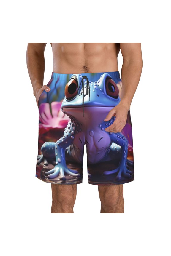 Colorful Frog Among Flowers Print Mens Swim Trunks Quick Dry Board Shorts,Breathable Hawaii Beach Shorts Swimwear Bathing Suits-Large