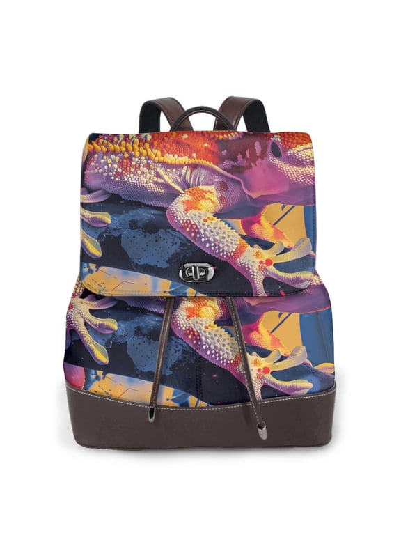 Logiee Colorful Gecko Jungle Art Print Backpack Purse for Women,Fashion Leather Backpack Purse,Women's Leather Backpack for Work College Travel
