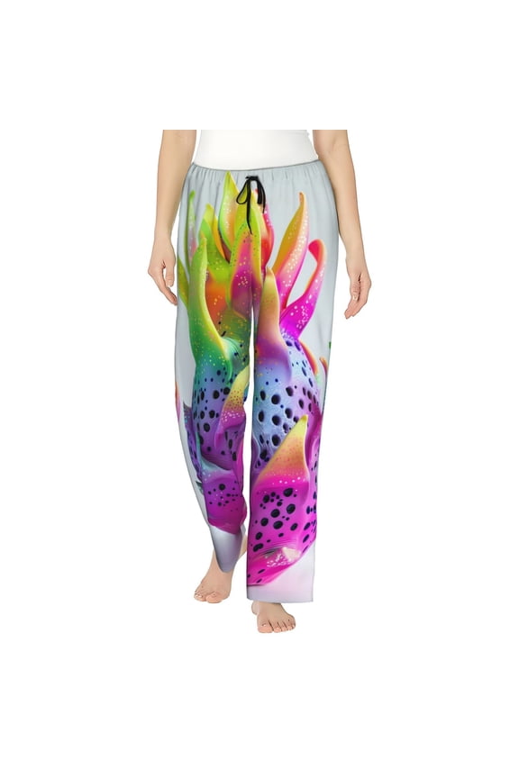 Colorful Glitter Dagon Fruit Print Women Pajama Pants,Comfy Pj Bottom with Pockets & Drawstring,Stretch Casual Sleepwear-Small