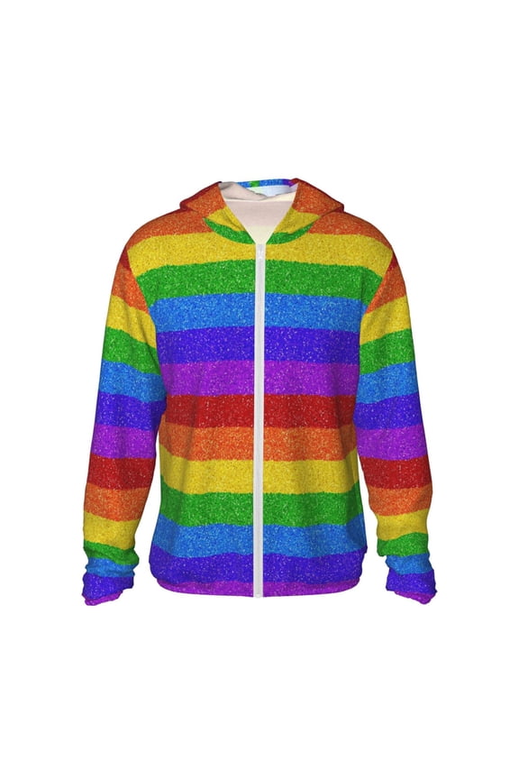 Colorful Glitter Rainbow Print Men's Women Light Jacket Full Zip Sun Protection Hoodie Long Sleeve Sun Shirts for Men Hiking Fishing Zip Pockets-3X-Large