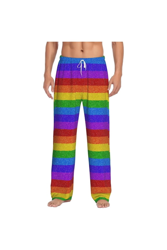 Colorful Glitter Rainbow Print Pajama Pants for Men,Men’s Pajama Bottoms,Mens PJ Pants with Pockets & Button Fly-Small