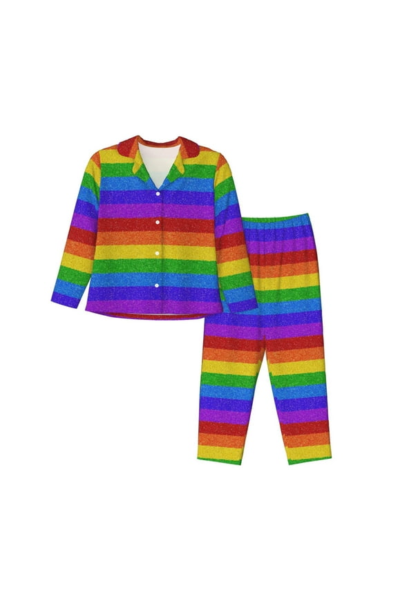 Colorful Glitter Rainbow Print Womens Pajamas Set,Long Sleeve Sleepwear,Button Down Lounge Set 2 Pieces,Soft Nightwear Pjs Set-Large