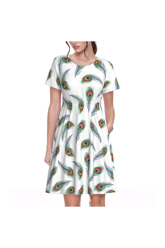 Colorful Grass Print Womens Summer Dress,Casual Short Sleeve Sundresses,Beach A-line Shift Dress with Pockets