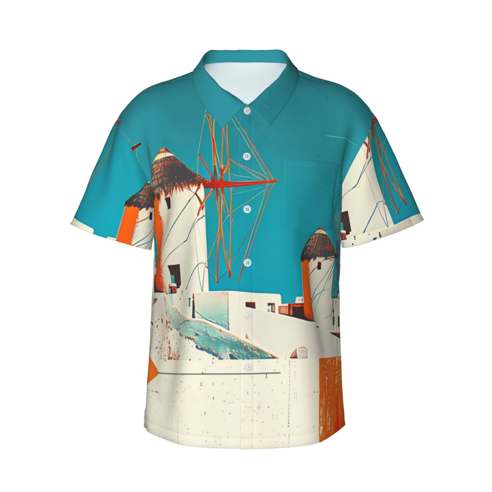 Logiee Colorful Greek Windmills Print Mens Hawaiian Shirts,Loose-Fit Short Sleeve Button Down Tropical Aloha Beach Shirt,Summer Vacation Wedding Tops,X-Large